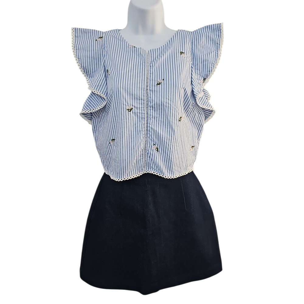Anthropologie Blue Striped Ruffle Tank Top